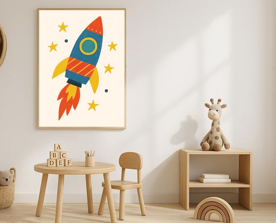 Retro Rocket Ship Space Stars Colorful Kids Room Nursery Poster