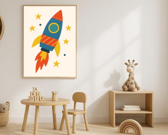 Rocket Ship Nursery Wall Art Space Theme Kids Room Poster Astronaut Print Instant
