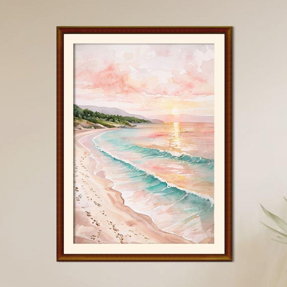 Summer Wall Art Beach Meadow Mountain Watercolor Print Posters Illustration Sunrise And Sunset On The
