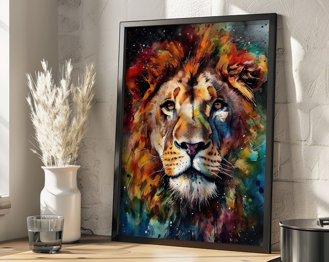 Lion Colorful Watercolor Portrait Fiery Mane Dark Splash Art Poster