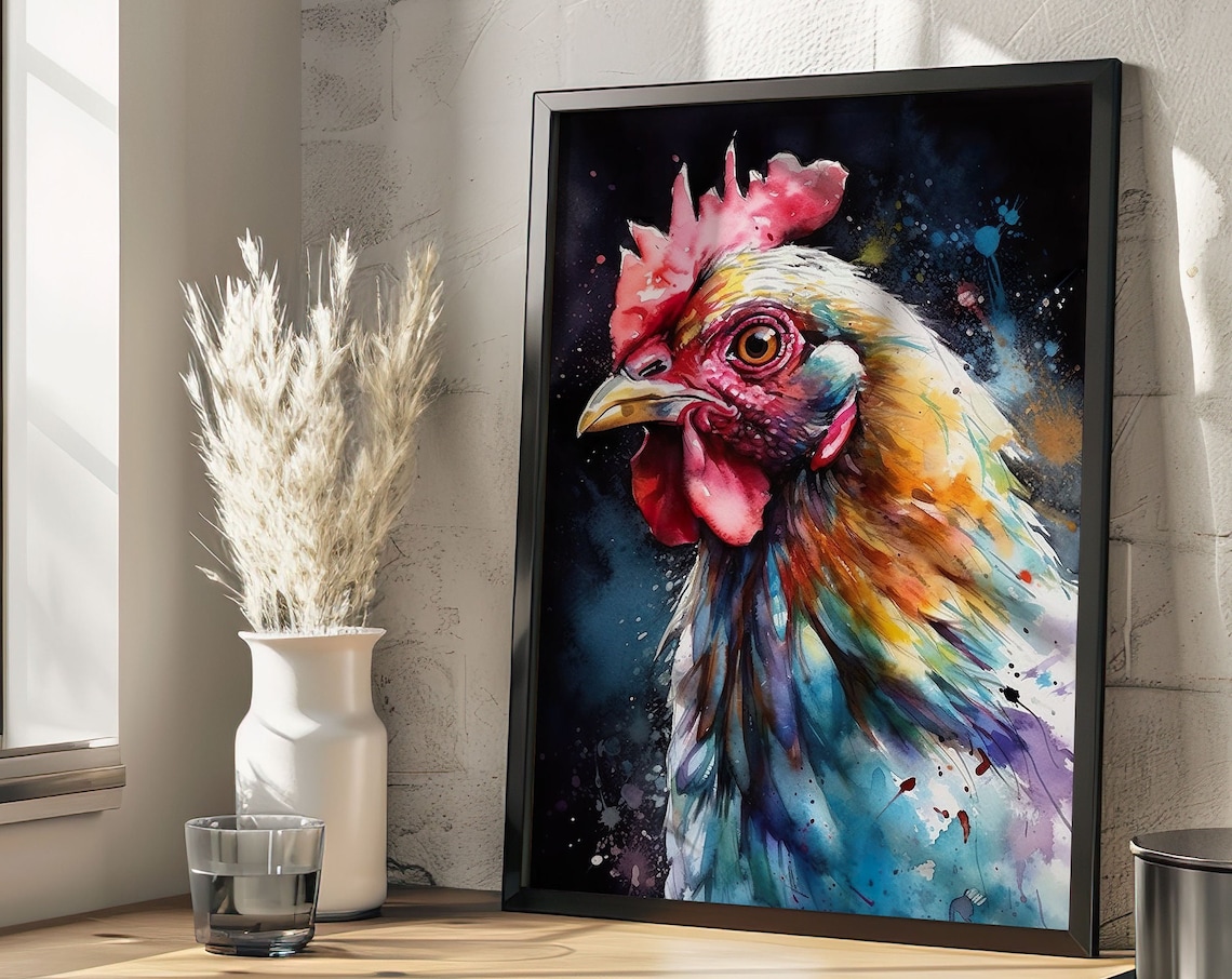Colorful Rooster Watercolor Portrait Farm Bird Animal Art Poster