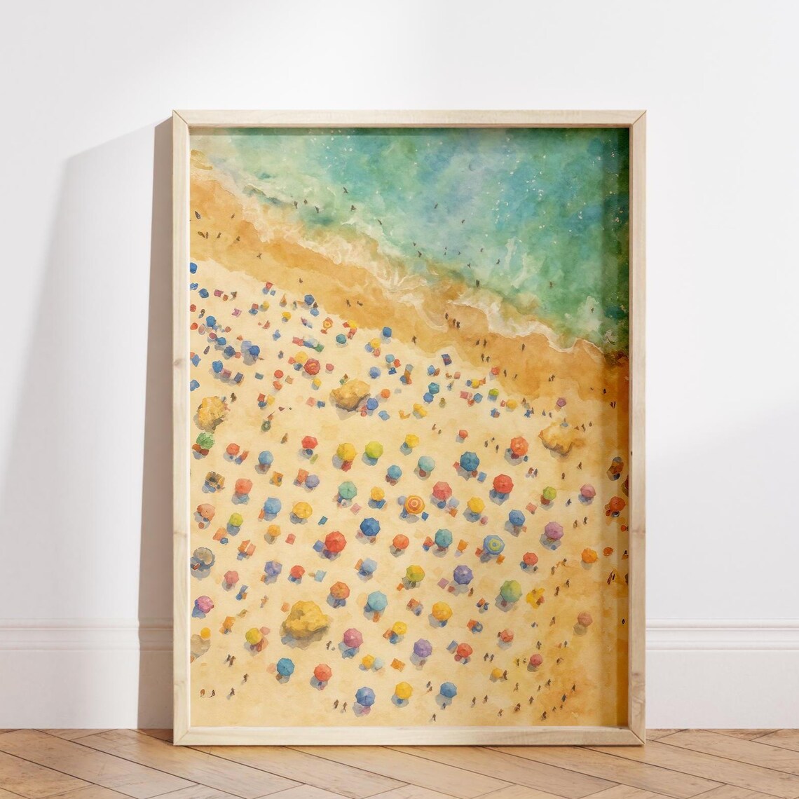 Aerial Beach Umbrella Poster, Watercolor Coastal View