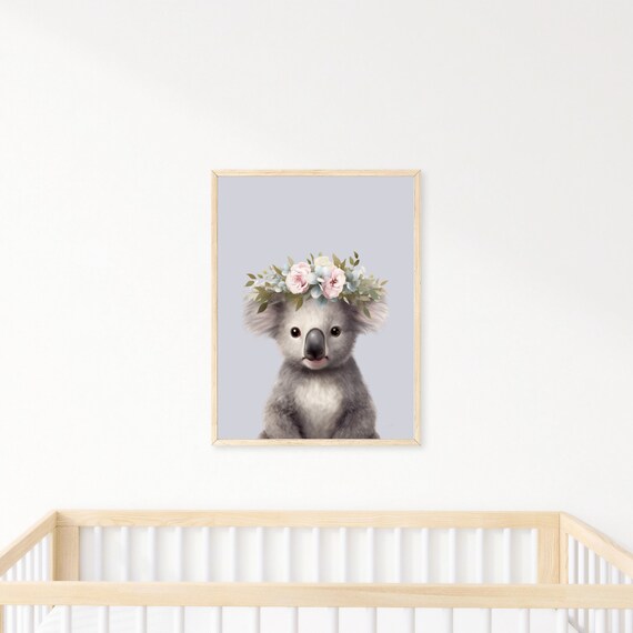 Sweet Baby Koala With Pink Floral Crown Watercolor Nursery Print