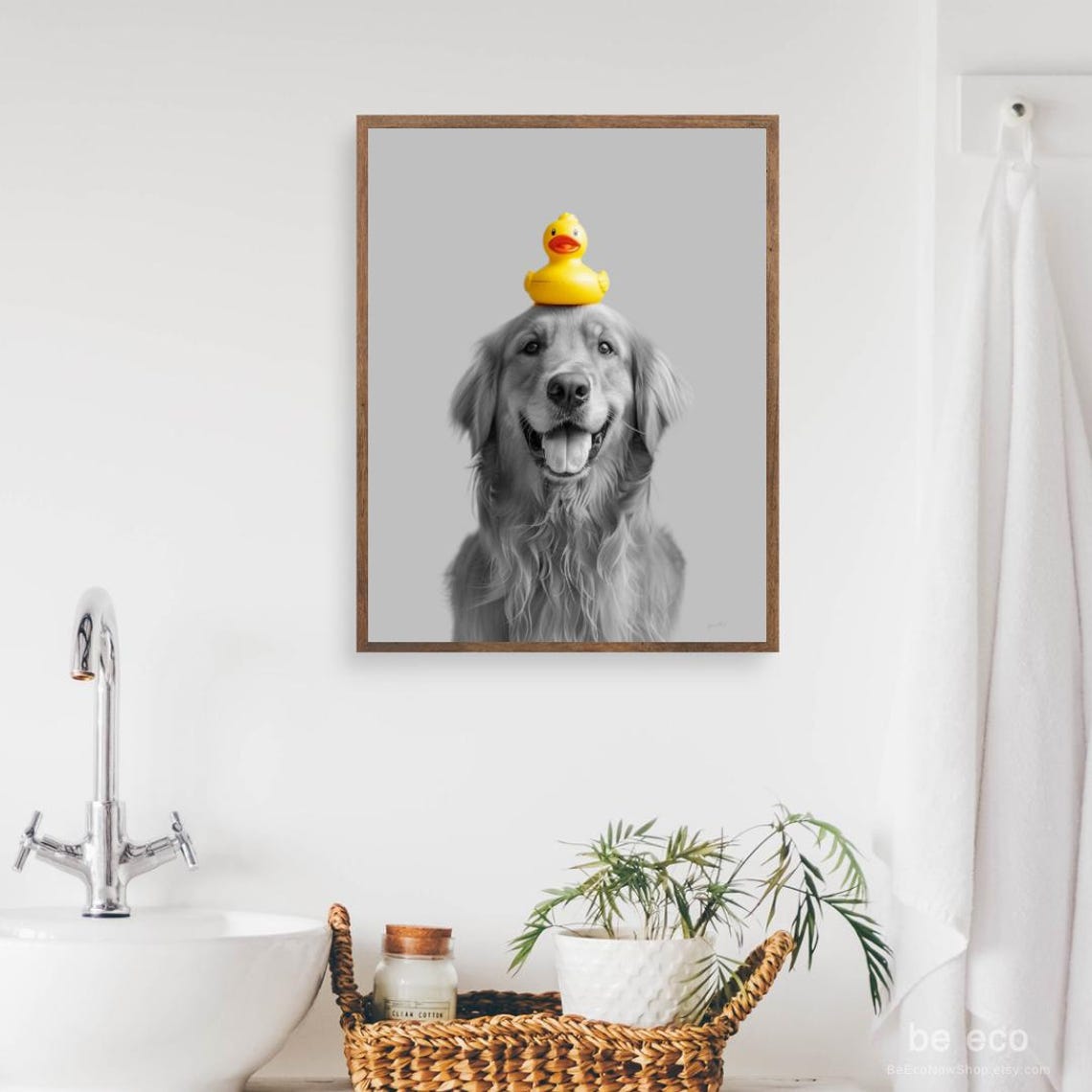 Golden Retriever Yellow Rubber Duck Funny Bathroom Art Print
