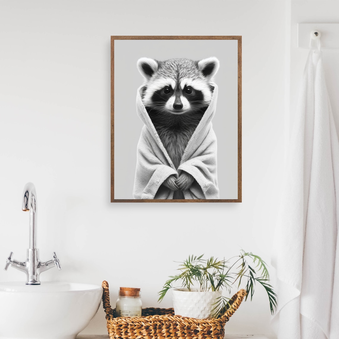 Cute Raccoon In Bathrobe Funny Bathroom Animal Portrait Wall Art