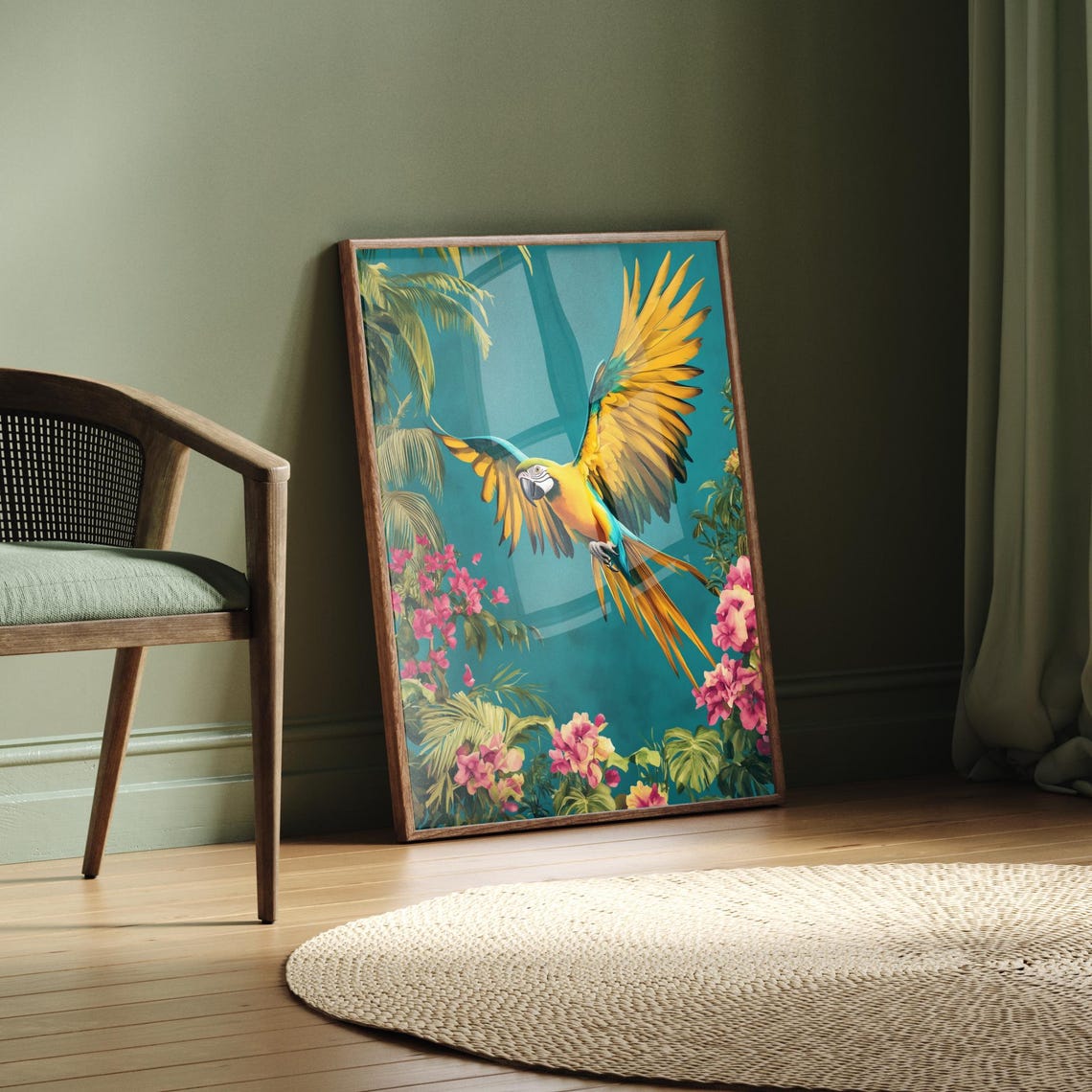 Blue And Yellow Macaw Flying Tropical Hibiscus Maximalist Art Print