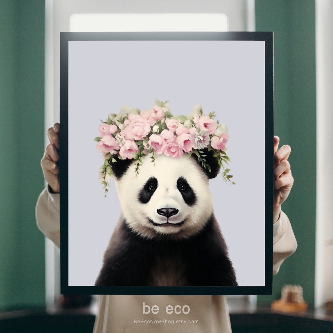 Sweet Panda With Pink Flower Crown Cute Nursery Animal Art Print