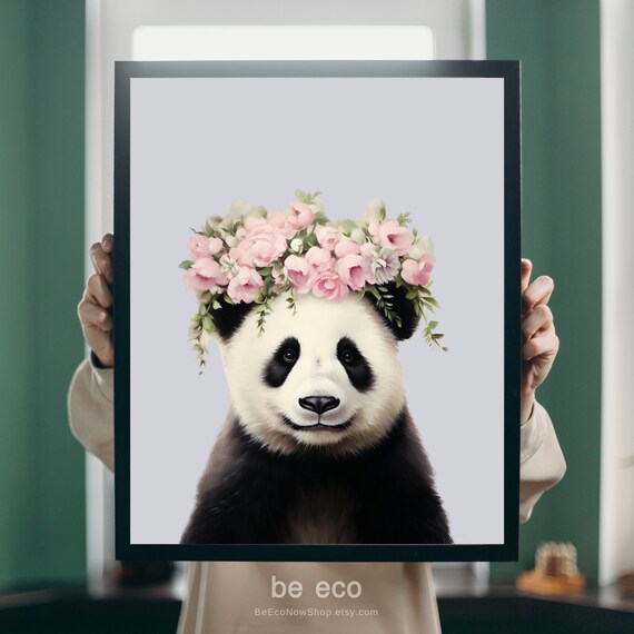 Sweet Panda With Pink Flower Crown Cute Nursery Animal Art Print