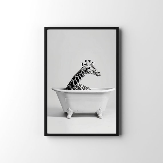 Giraffe In Bathtub Print Funny Bathroom Animal Art