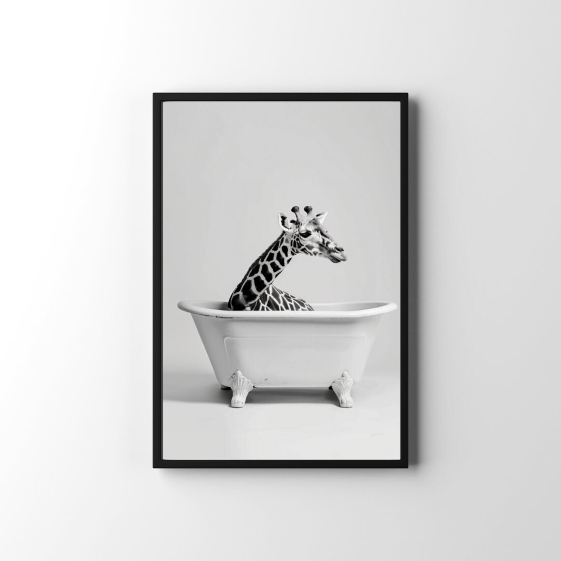 Giraffe In Bathtub Print Funny Bathroom Animal Art