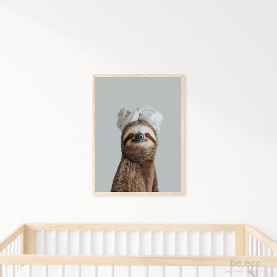 Sloth Wearing Towel Turban Cute Funny Bathroom Nursery Animal Poster
