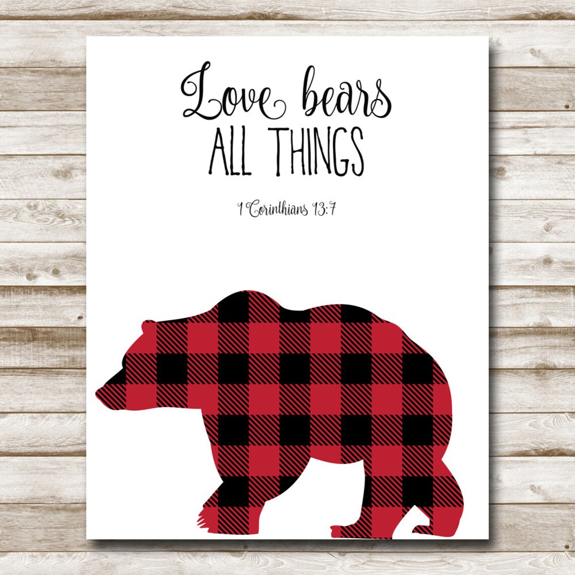 Love Bears All Things Buffalo Plaid Bear 1 Corinthians 137 Wall Art - Image 4