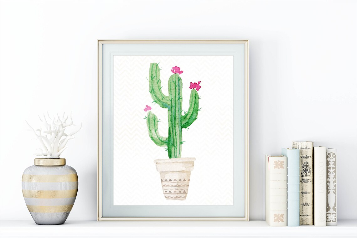 Cactus Blooming Southwestern Chevron Art Print