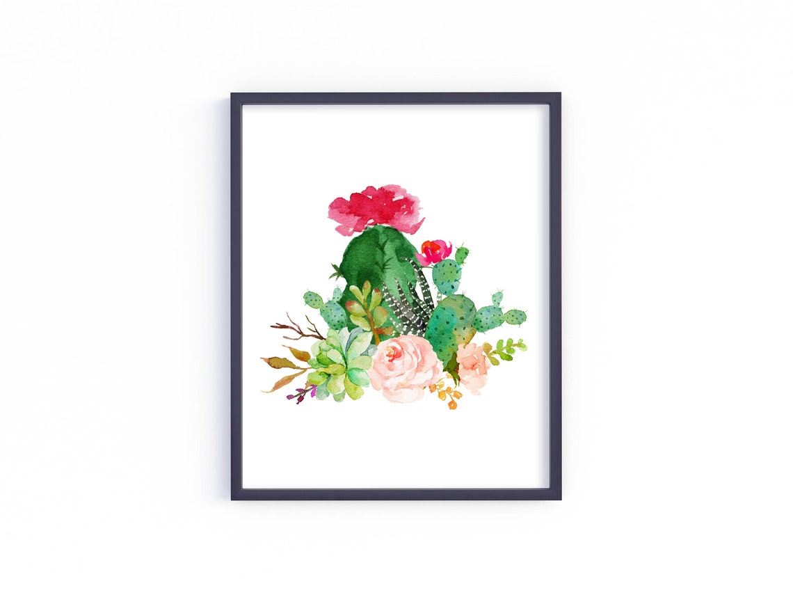 Blooming Cactus and Succulent Watercolor Arrangement Art Poster - Image 3