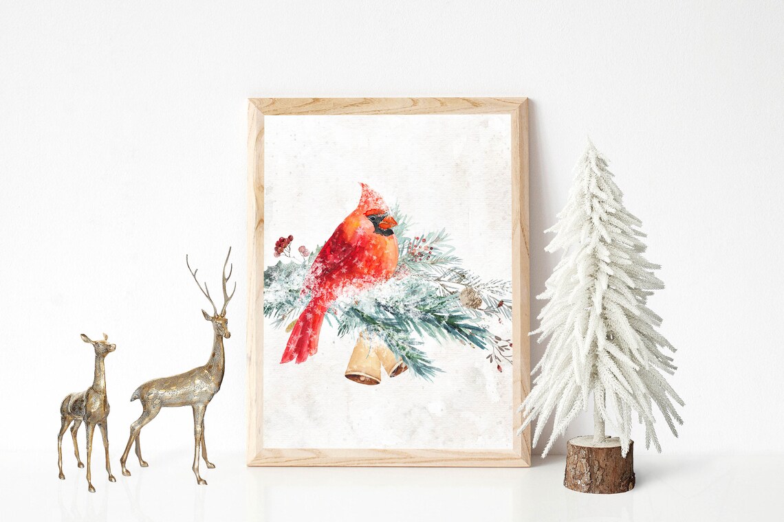 Red Cardinal On Snowy Pine Branch Golden Bells Winter Bird Poster - Image 5