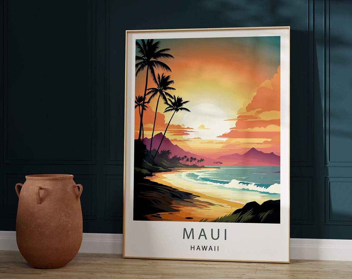 Maui Hawaii Sunset Beach Palm Trees Island Bliss Travel Poster