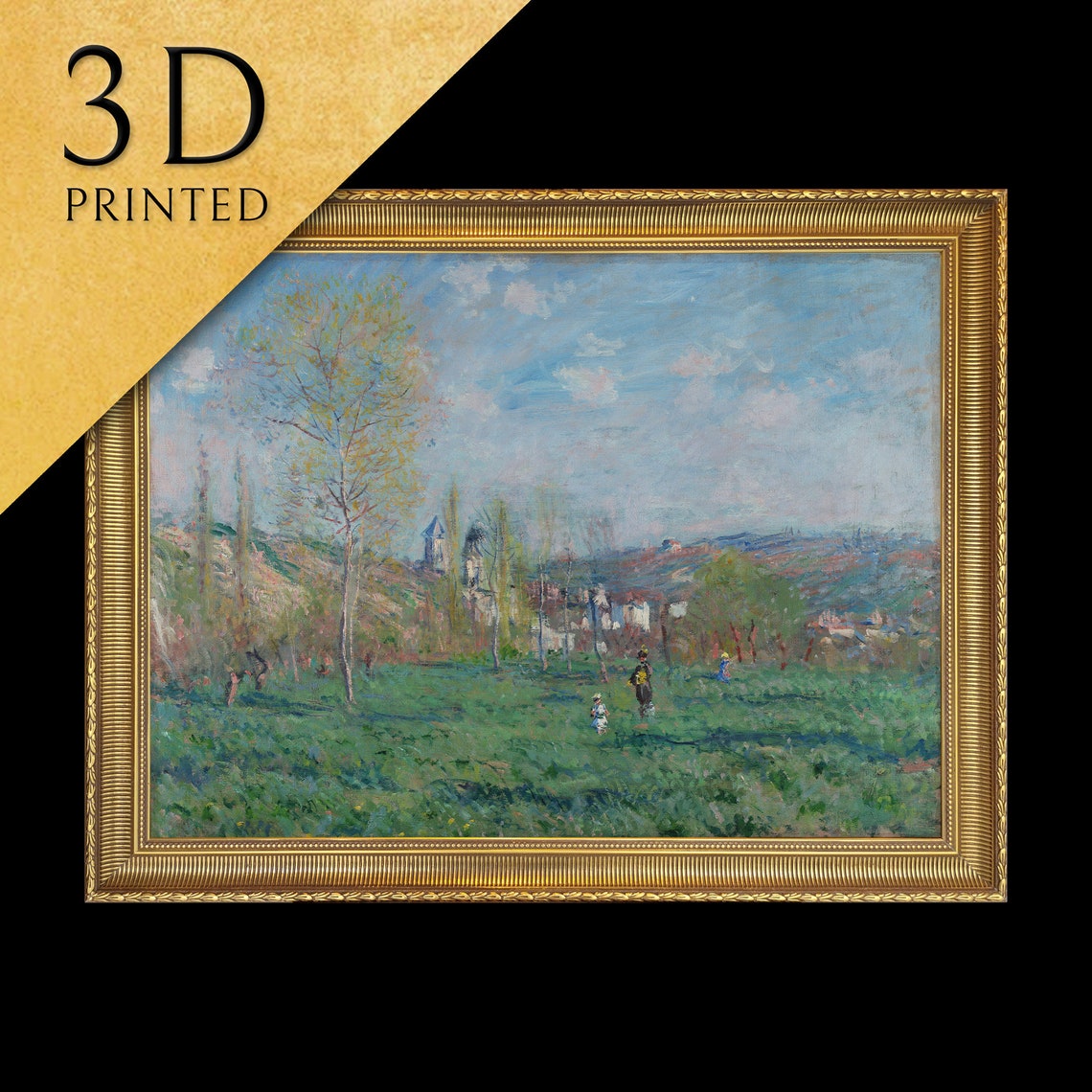 Spring in Vetheuil by Claude Monet Green Meadow Village Scene Poster