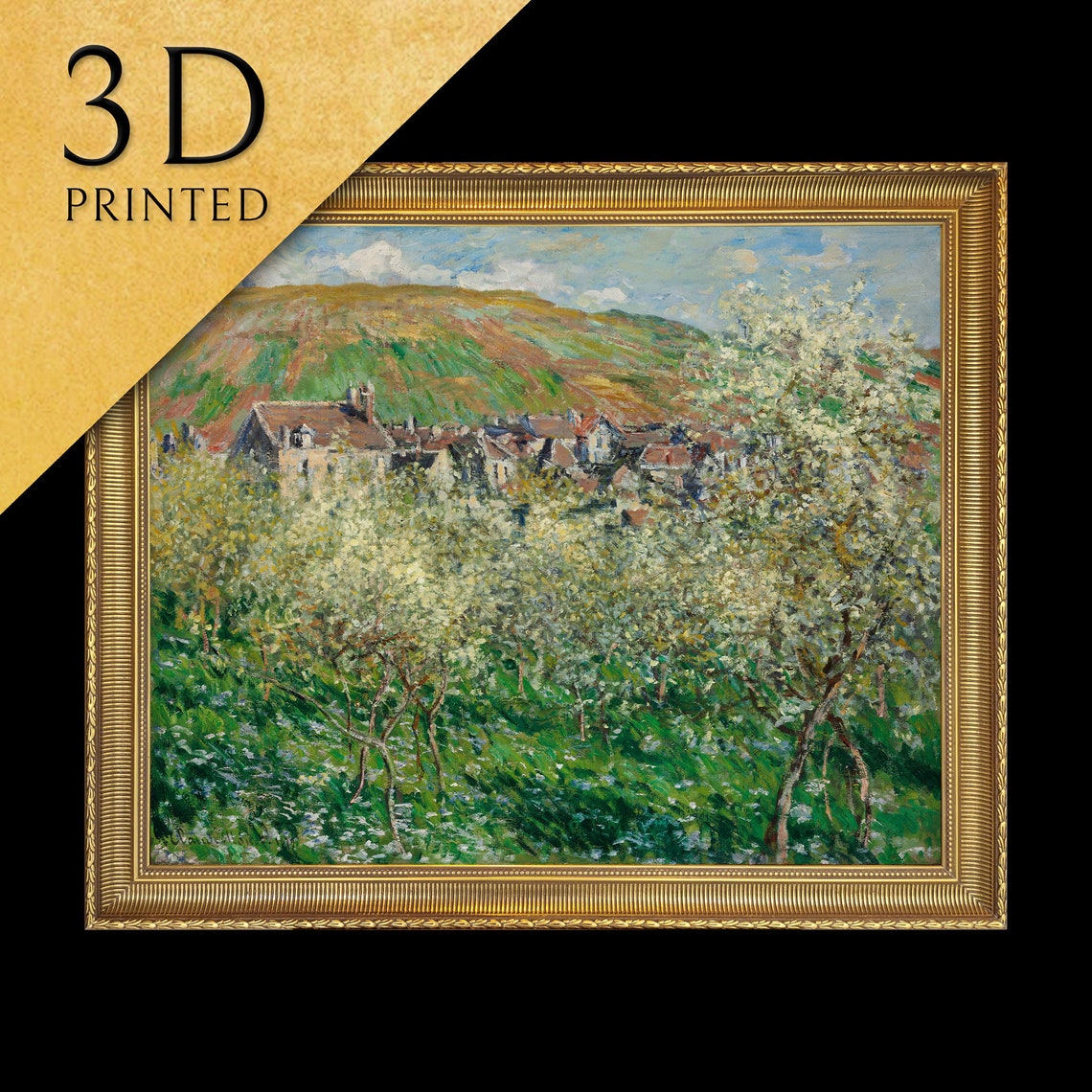 Monet Flowering Plum Trees Village Hillside Bloom Spring Poster