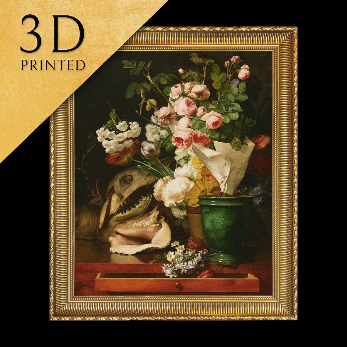 Still Life with Flowers by Antoine Berjon Roses and Conch Shell Poster