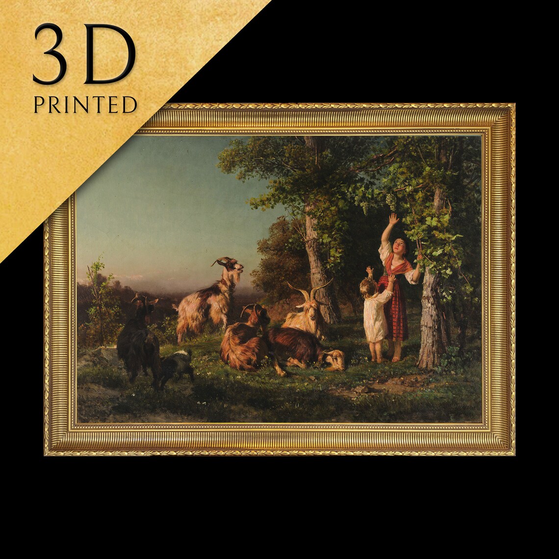 Woman and Child Picking Grapes with Goats Pastoral Painting Poster