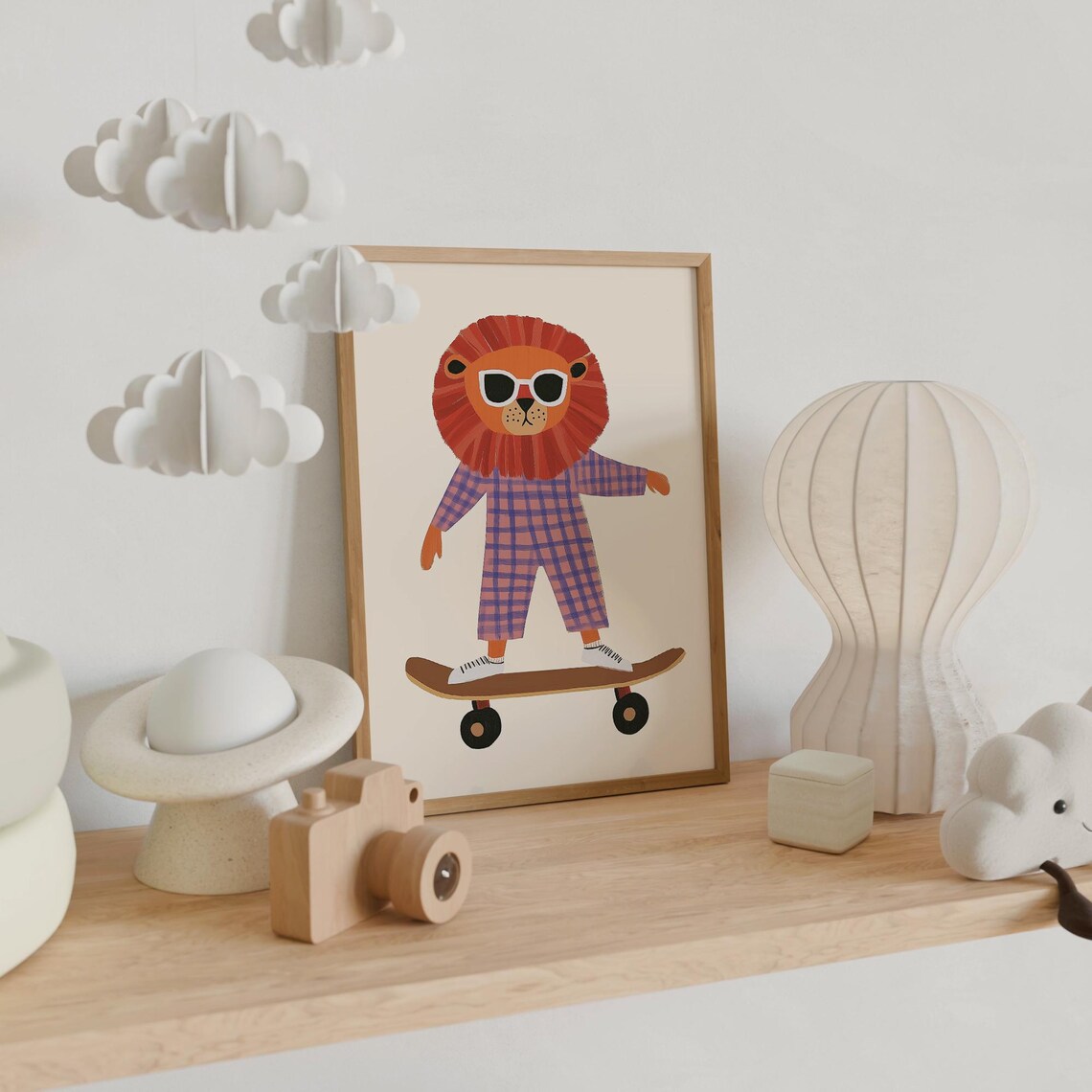 Cool Lion Sunglasses Checkered Jumpsuit Skateboard Nursery Wall Art Print - Image 4
