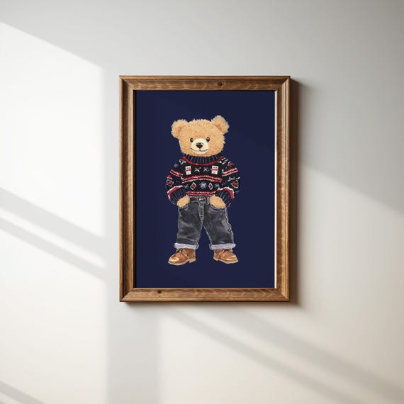 Kids Teddy Bear In Sweater Nursery Art Kids Room Decor Baby Room Poster Playroom Art Animal Wall Art Gender Neutral Nursery