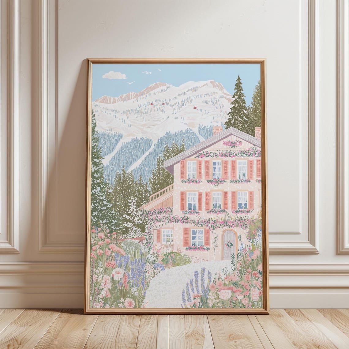 Alpine Chalet Flower Boxes Snowy Mountains Garden Path Summer Poster