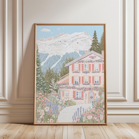 Alpine Chalet Flower Boxes Snowy Mountains Garden Path Summer Poster