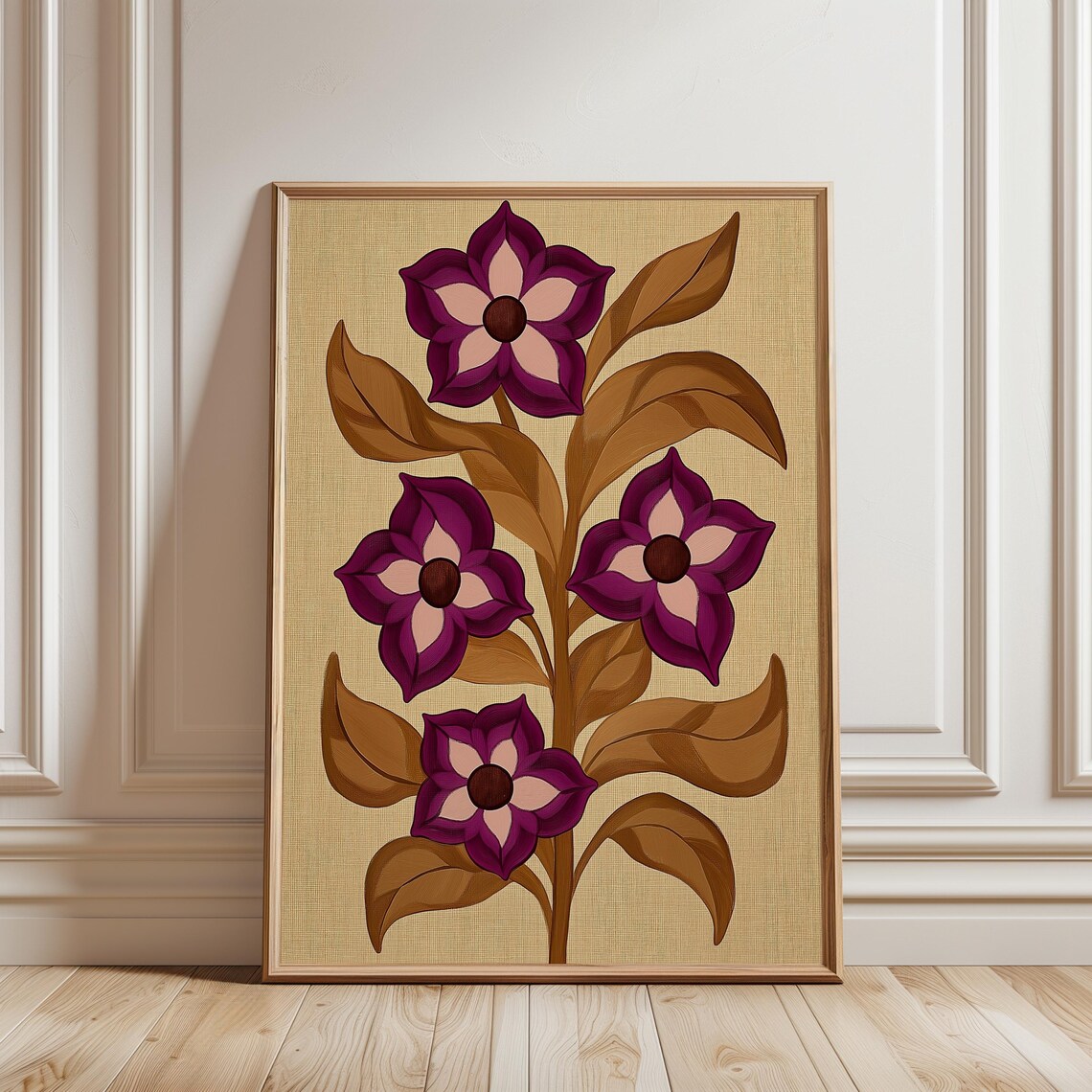 Retro Purple Flower Botanical Print Mid Century Brown Leaf Wall Art - Image 6