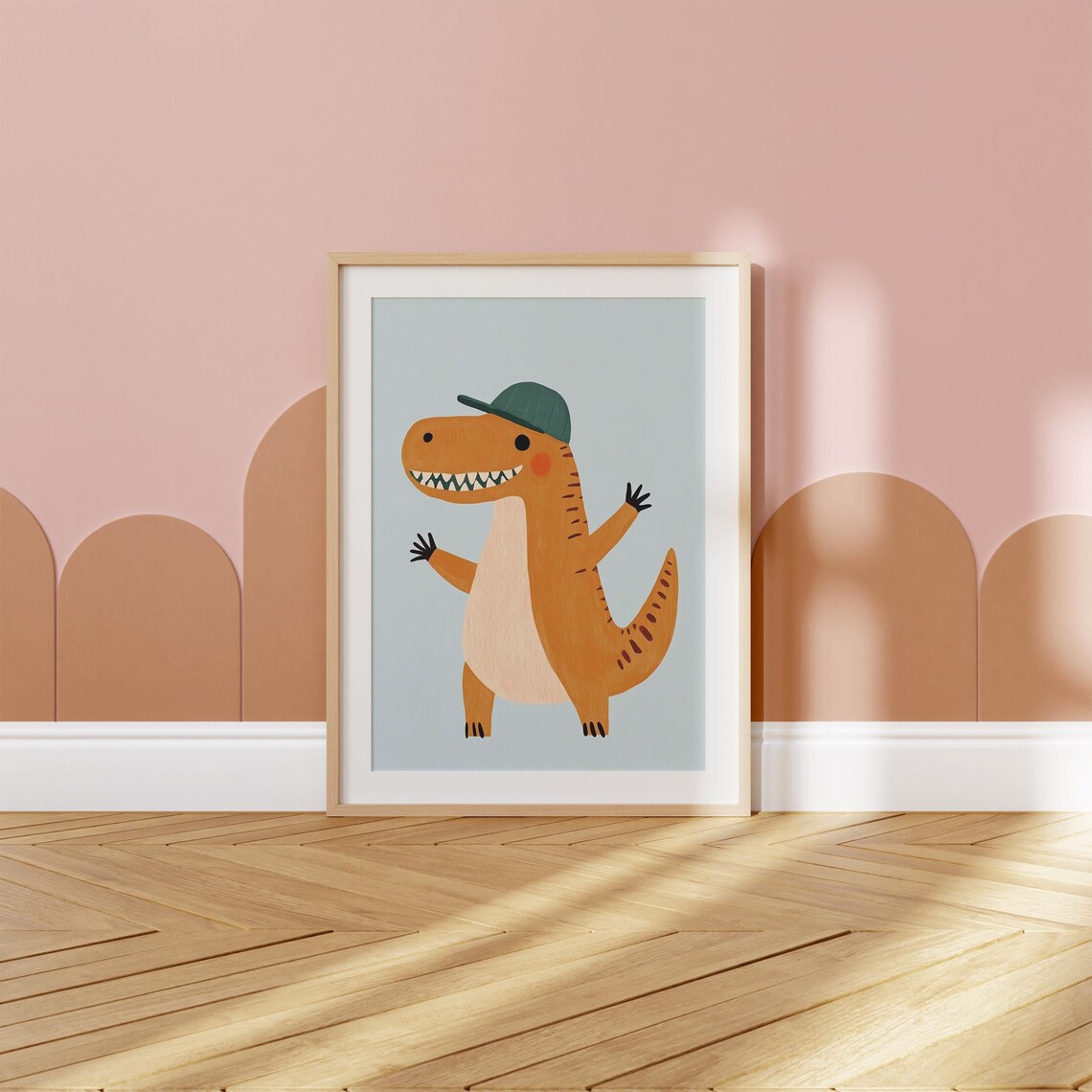 Cheerful Orange T Rex Wearing Green Cap Waving Kids Dino Poster - Image 2