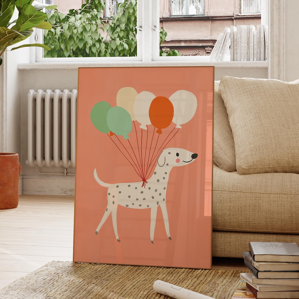 Spotted Dog With Balloons Coral Nursery Birthday Party Art Poster - Image 4