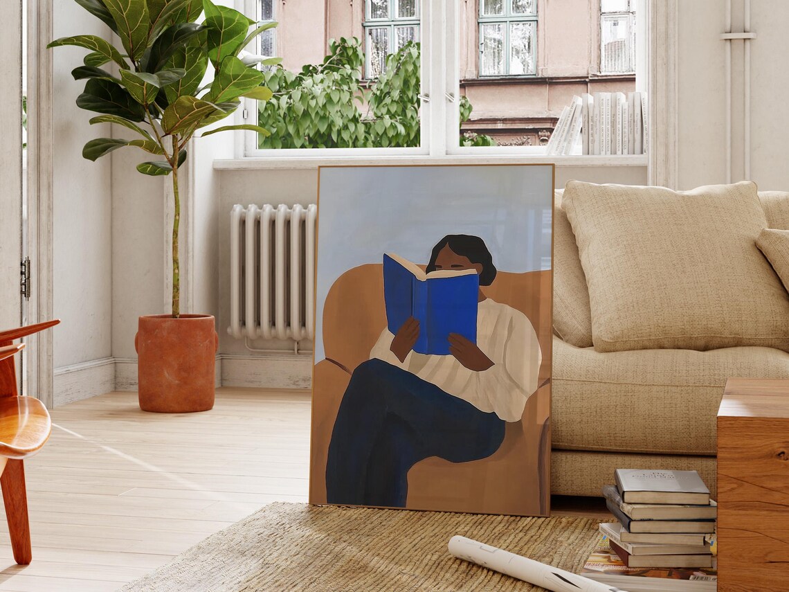 Woman Reading Blue Book Minimalist Boho Style Modern Living Room Poster