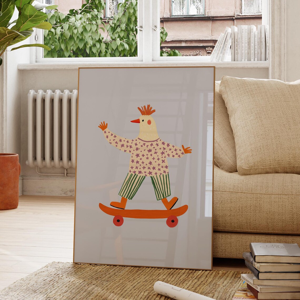 Cool Skateboarding Chicken Fun Kids Room Animal Illustration Poster - Image 2