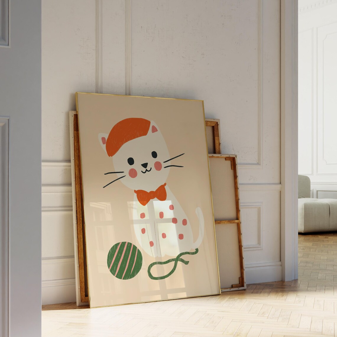 Cute White Cat Orange Beret Bow Tie Yarn Ball Nursery Kids Wall Poster - Image 3