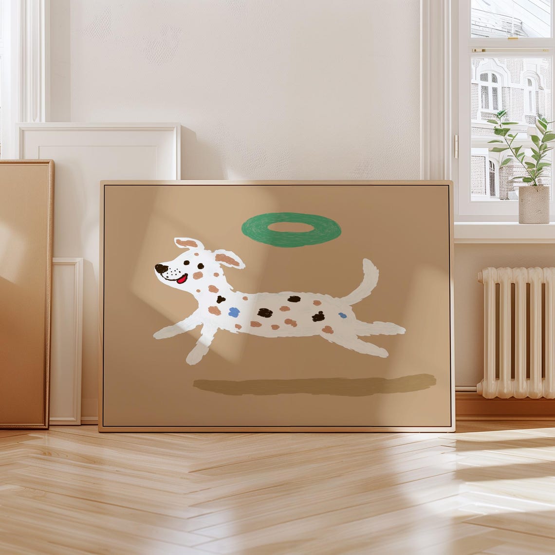 Playful Jumping Spotted Dog Green Ring Tan Background Kids Wall Poster - Image 5