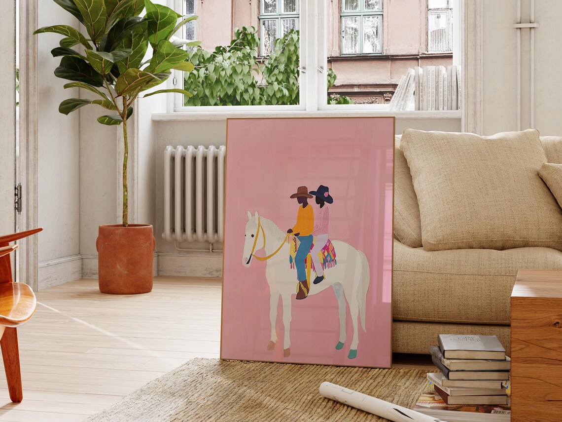 Western Couple Riding White Horse On Pink Background Art Poster - Image 2