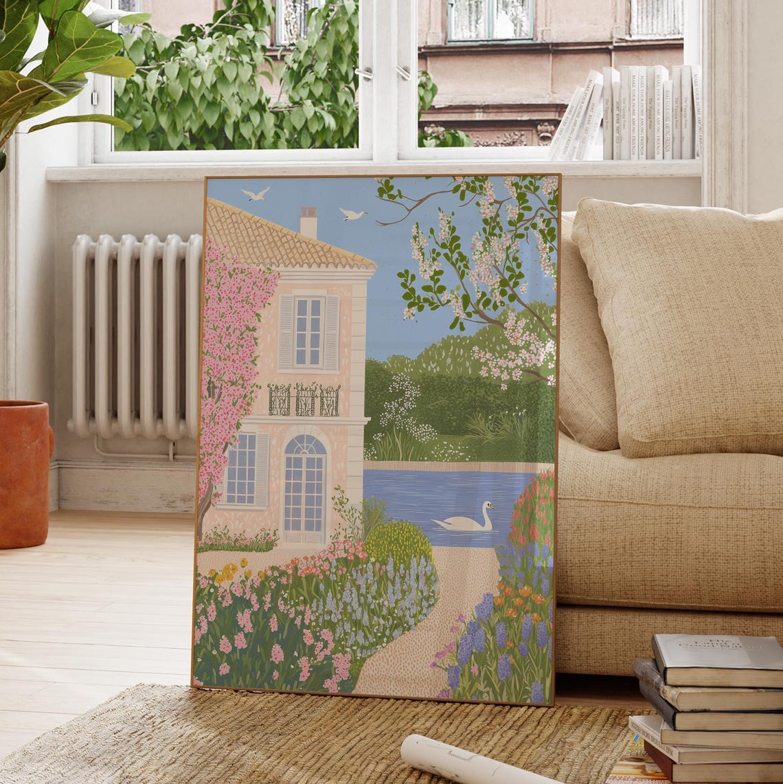 French Riviera Pink Villa Lake Swan Garden Spring Coastal Poster - Image 4