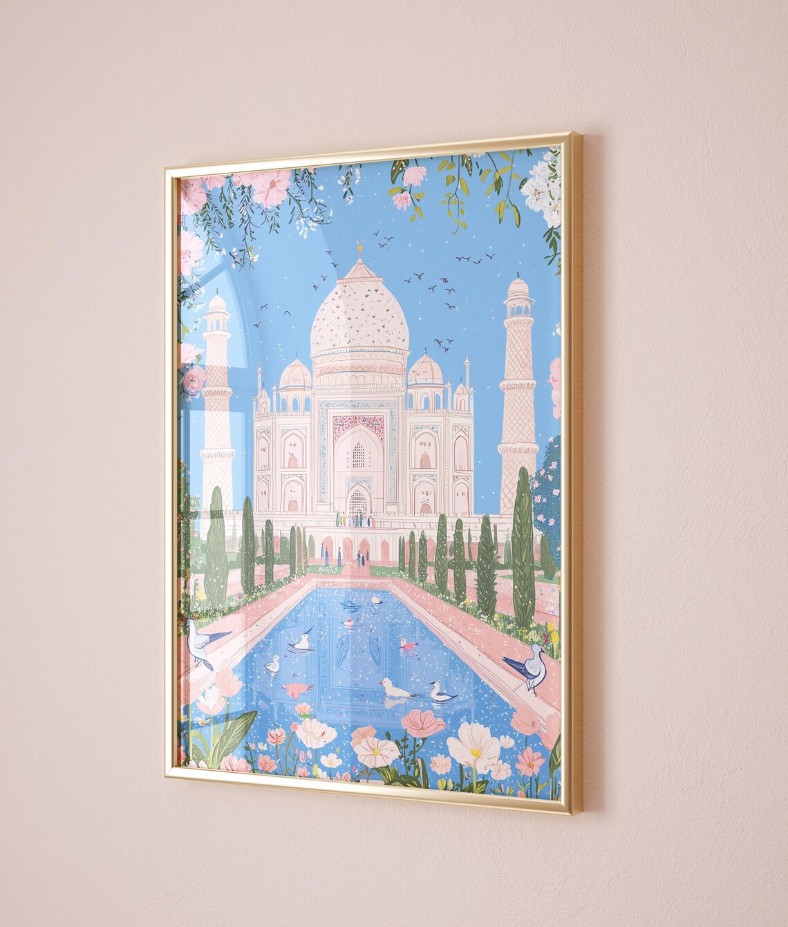Taj Mahal Pink Reflecting Pool Birds Flowers India Travel Poster - Image 3