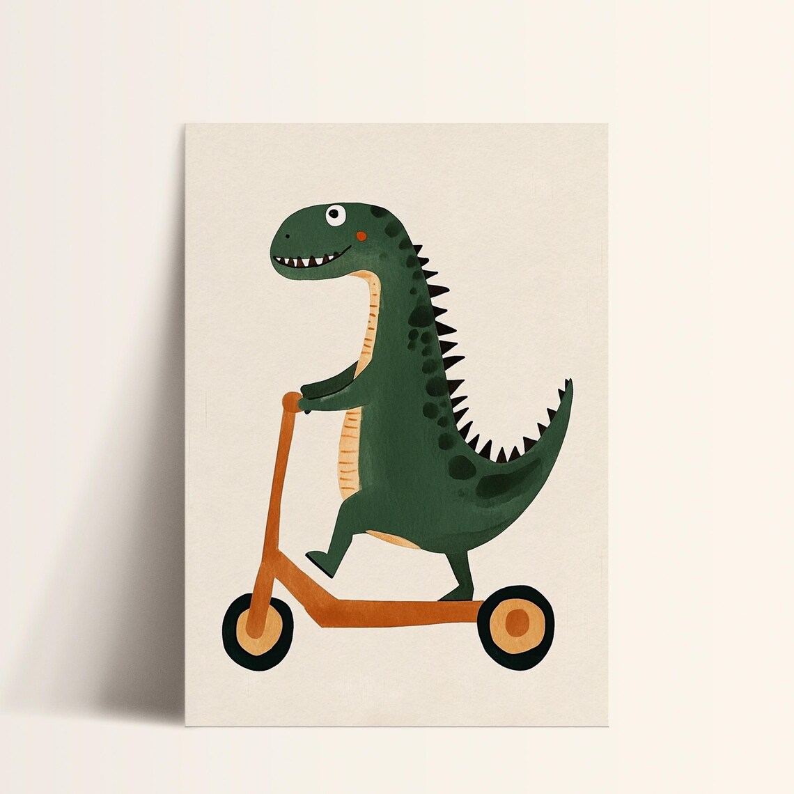 Green T Rex Riding Orange Scooter Cute Kids Dino Nursery Poster - Image 3