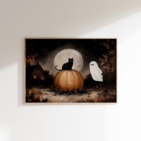 Black Cat On Giant Pumpkin With Ghost Under Full Moon Poster