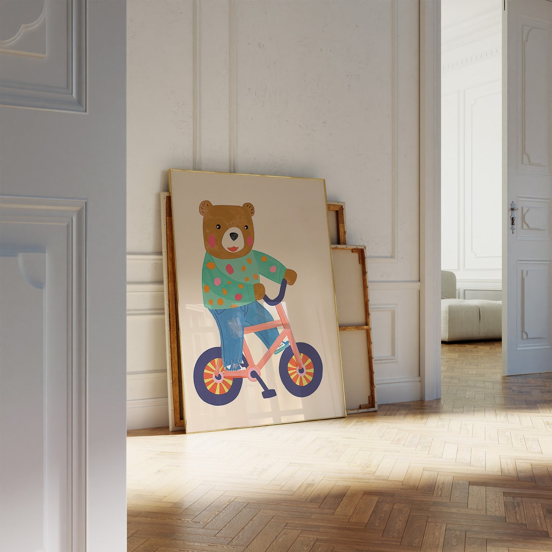 Bear On Bicycle Art Cute Bear Illustration Whimsical Nursery Wall Art Print Playful Kids Room Decor