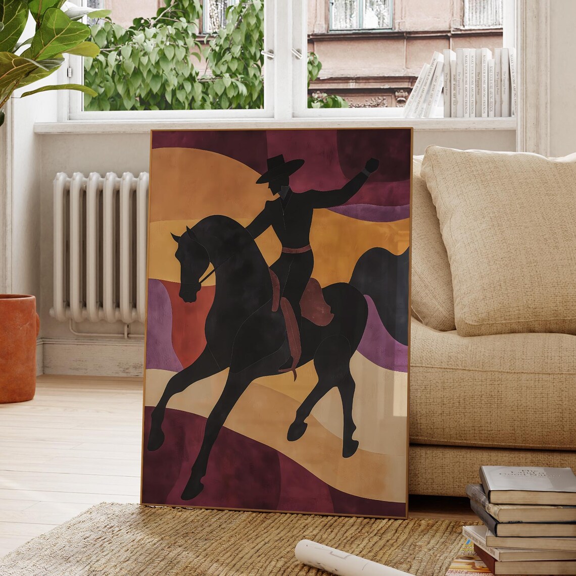 Western Cowboy On Horseback Silhouette Desert Sunset Poster Art - Image 2