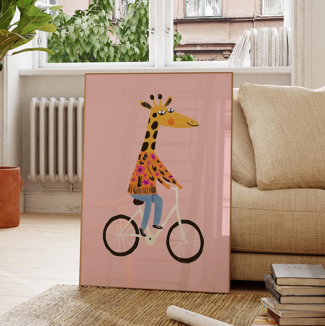 Giraffe Riding Bicycle Orange Floral Sweater Pink Nursery Kids Wall Poster - Image 3