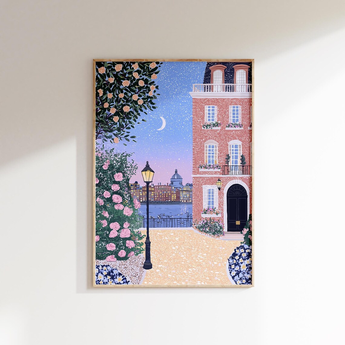 London Thames Night Pink Townhouse Moonlit Roses Romantic Poster - Image 2