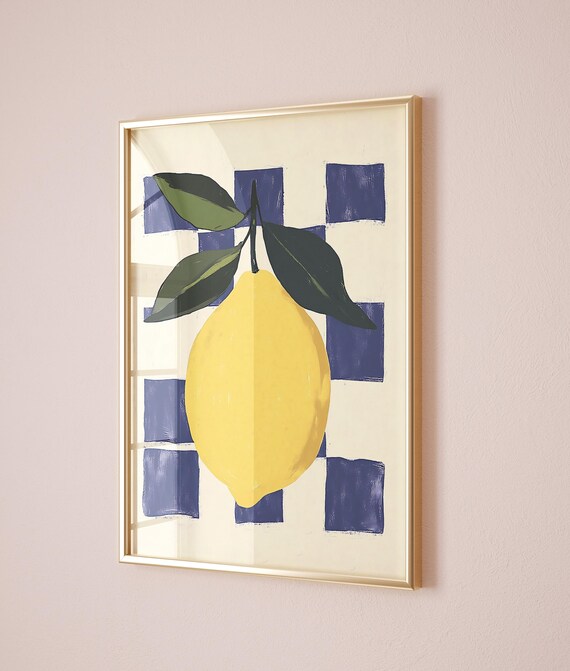 Yellow Lemon On Blue Checkered Background Modern Kitchen Fruit Art Poster