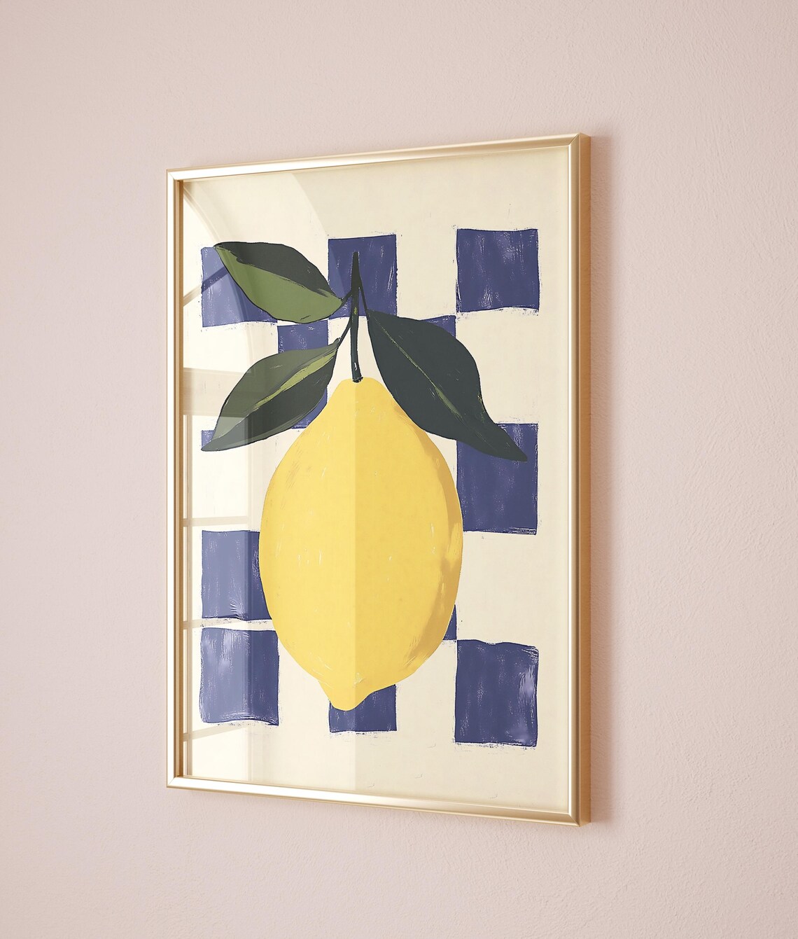 Yellow Lemon On Blue Checkered Background Modern Kitchen Fruit Art Poster
