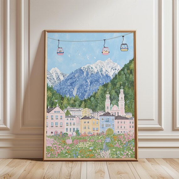 Alpine Town Cable Cars Wildflower Meadow Mountain Summer Poster