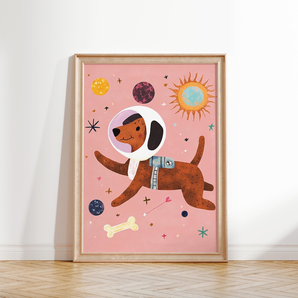 Astronaut Dog in Space Illustration Pink Solar System Kids Room Art Poster - Image 2