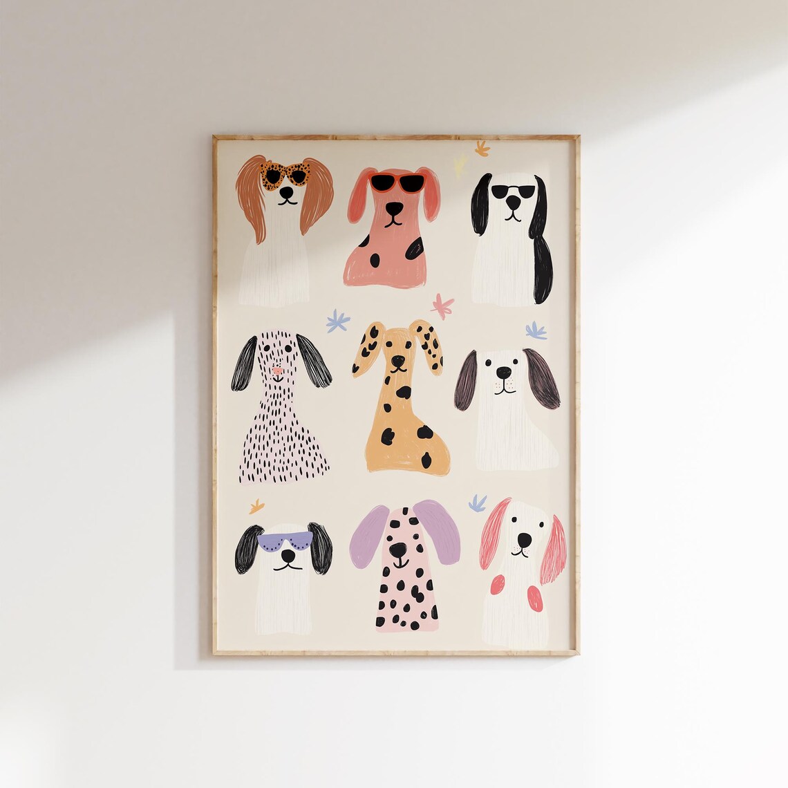 Nine Whimsical Dog Faces Sunglasses Spotted Cream Kids Wall Art Poster