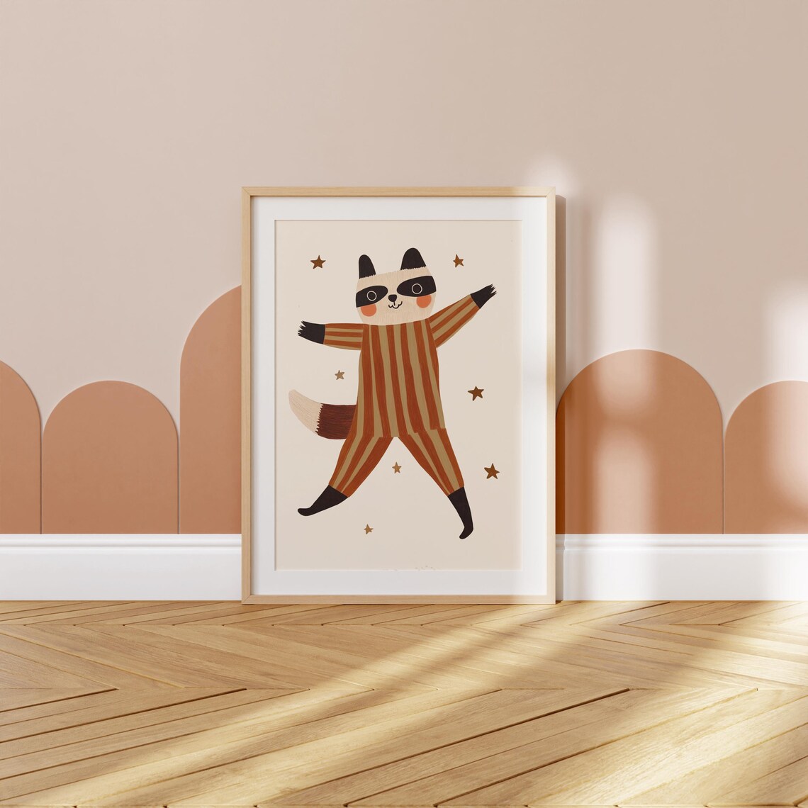 Dancing Raccoon Striped Pajamas Stars Whimsical Nursery Wall Art Print - Image 3
